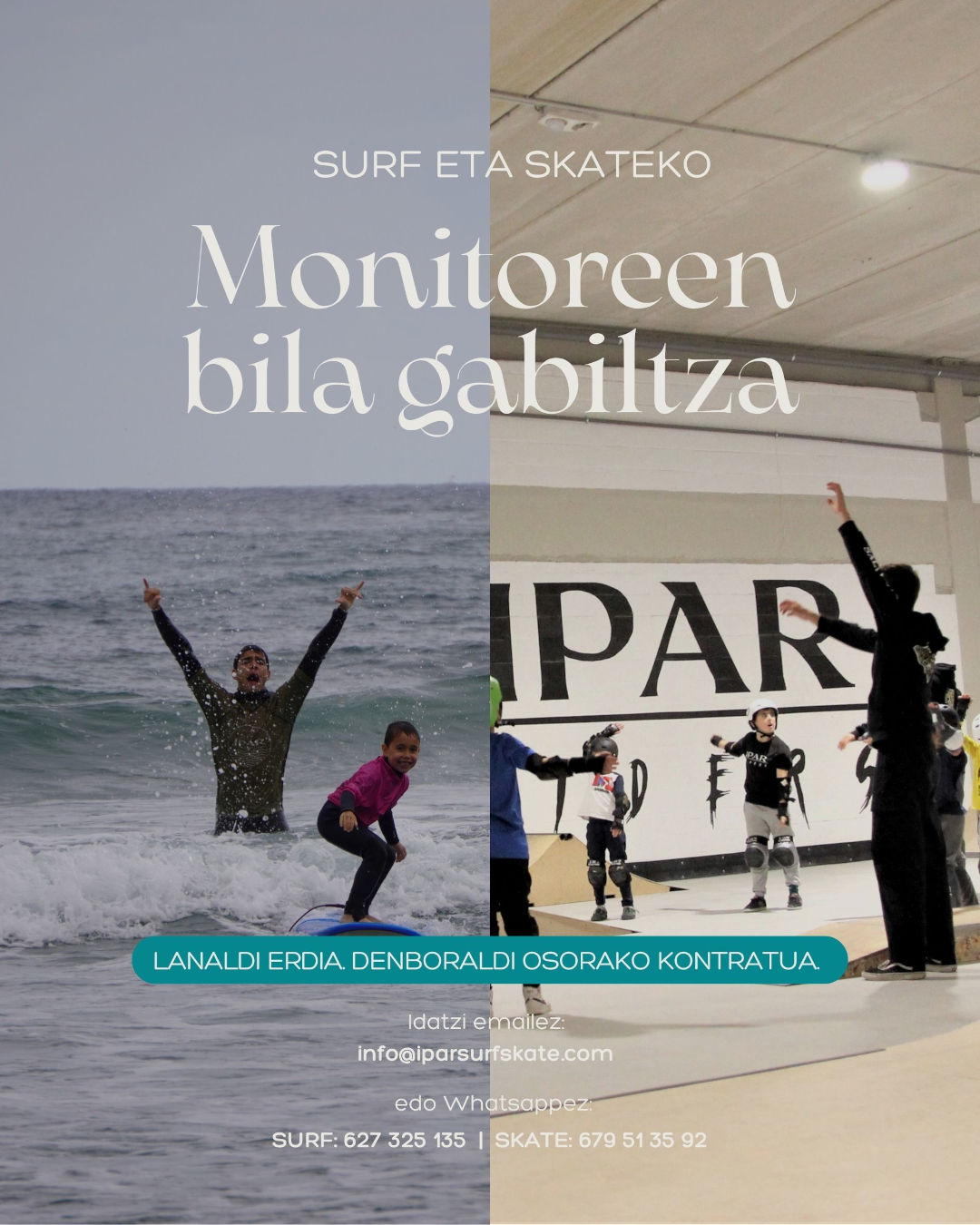 Cartel oferta de trabajo, buscamos monitores de Surf y Skate